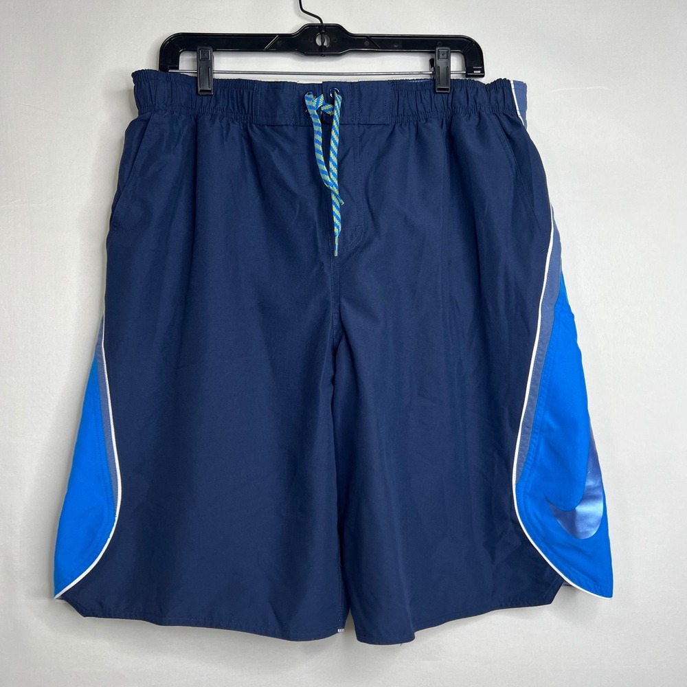 Nike Navy‎ Blue Swim Trunks Mens Large Board Shorts Swoosh Logo Mesh Lined